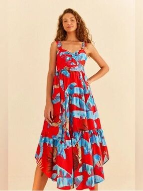 *NWT* Farm Rio Sweet Jungle Red Tropical Print Midi Dress - Size XL